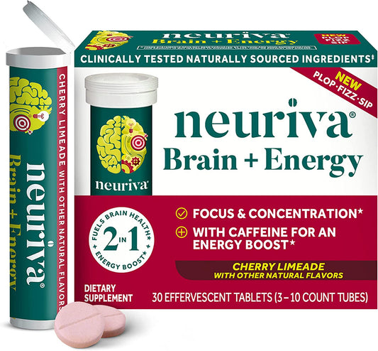 Neuriva Brain + Energy Effervescent Tablets, Nootropic Brain Supplement for Focus and Concentration with Neurofactor, Vitamin B12 and Caffeine for an Energy Boost*, (30ct Box), Cherry Lemonade