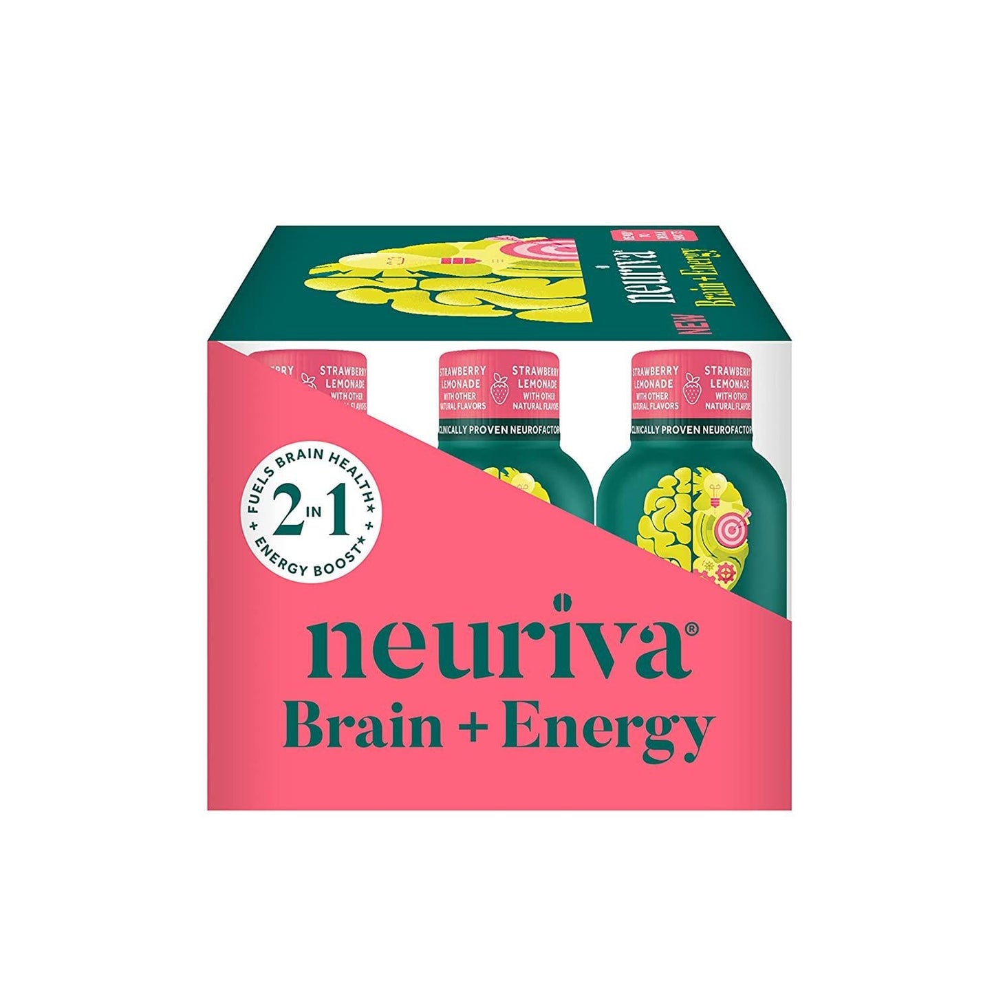 Neuriva Brain + Energy Shots, Nootropic Brain Supplement for Focus and Concentration with Neurofactor, Vitamin B12 and 150mg Caffeine for an Energy Boost - (36 count), Strawberry Lemonade