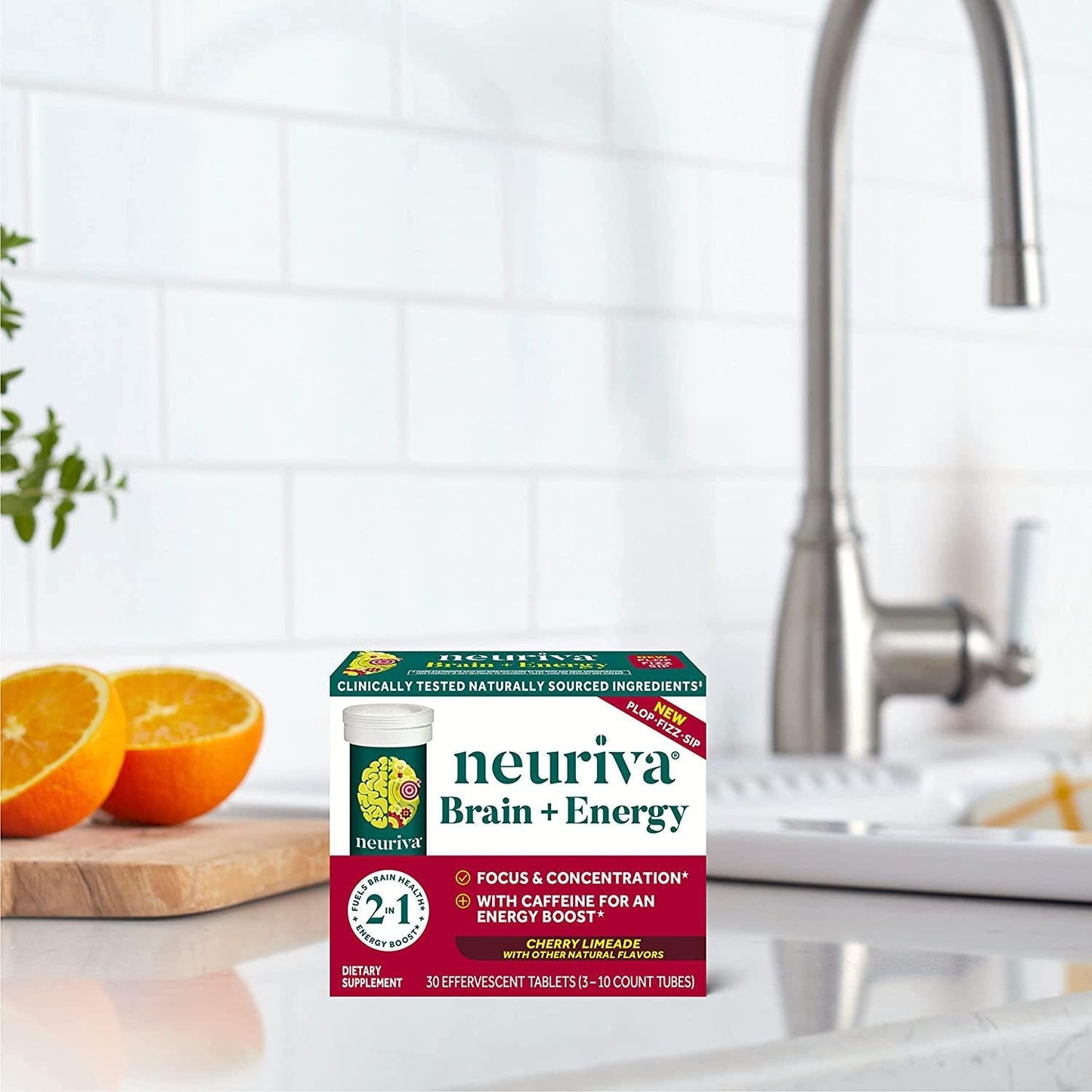 Neuriva Brain + Energy Effervescent Tablets, Nootropic Brain Supplement for Focus and Concentration with Neurofactor, Vitamin B12 and Caffeine for an Energy Boost*, (30ct Box), Cherry Lemonade