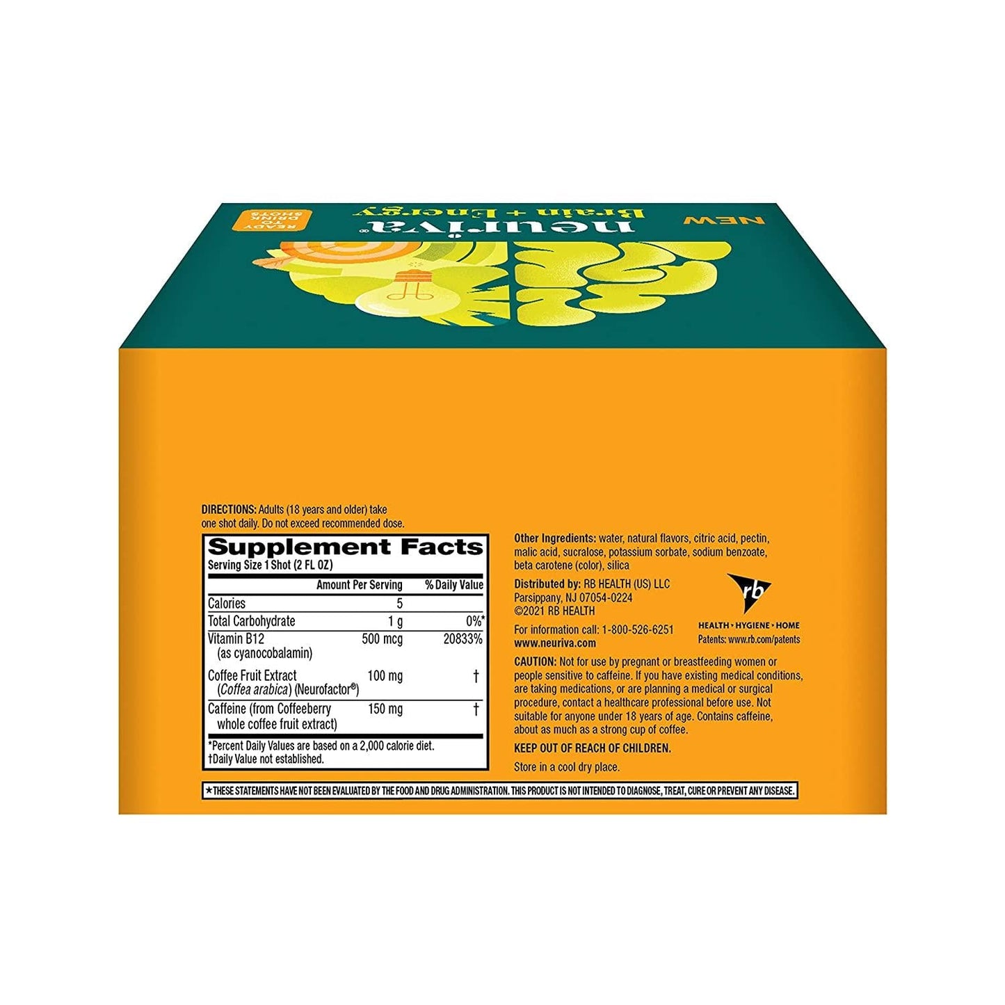 Neuriva Brain + Energy Shots, Nootropic Brain Supplement for Focus and Concentration with Neurofactor, Vitamin B12 and 150mg Caffeine for an Energy Boost - (12 Count), Tropical Flavor