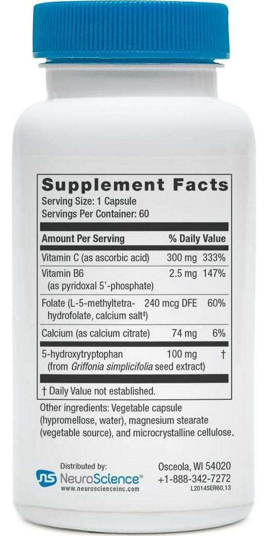 NeuroScience Serene - Mood Support with 100mg 5-HTP, Vitamin B6, Folate + Calcium - Non-Drowsy + Non-Groggy Serotonin Support Supplement (60 Capsules)