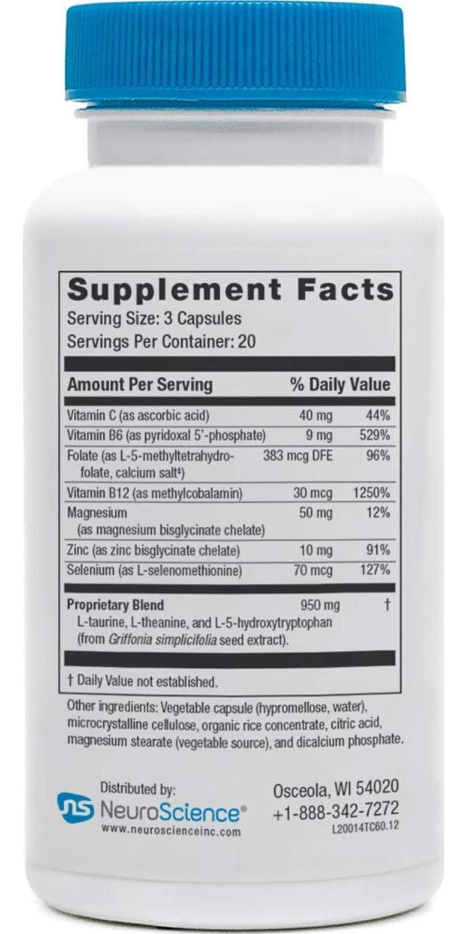 NeuroScience TravaCor - Serotonin Supplement with L-Theanine, 5-HTP, B12 + Vitamin B6 - Improve Mood + Feeling Happy - Reduce Stress, Anger + Anxiousness (60 Capsules)