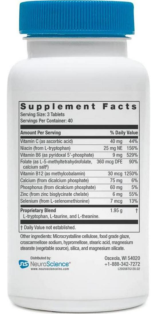 NeuroScience TravaGen - Theanine + Tryptophan Mood Supplement with Folate, Vitamin B6 + B12 - Helps Improve Mood and Reduce Stress + Anxiousness (120 Tablets)