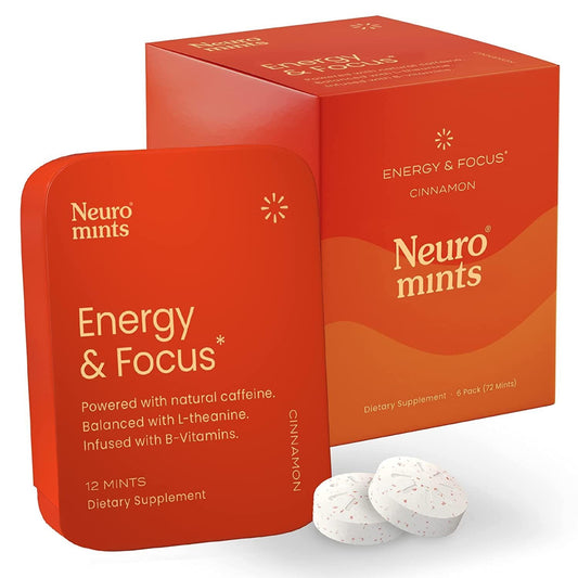 Neuro Nootropic Energy Mints | 40mg Caffeine + 60mg L-theanine + B Vitamins | Sugar Free + Gluten free + Vegan (Cinnamon Flavor, 6 Pack = 72 Pieces)