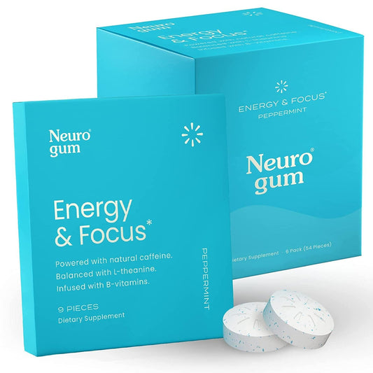 Neuro Nootropic Energy Gum | 40mg Caffeine + 60mg L-theanine + B Vitamins | Sugar Free + Vegan + Keto Friendly + Low Carb | Peppermint Flavor (54 Count)