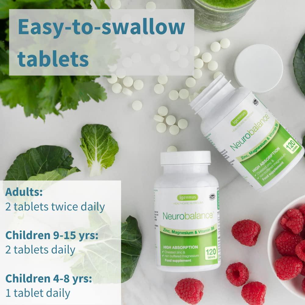 Neurobalance, High Absorption Zinc Magnesium B6 Supplement, Brain, Immune, Sleep and Muscle Recovery, Chelated Zinc Picolinate 24mg, Oxide-Free Magnesium and Vitamin B6, 120 Tablets, Vegan, by Igennus