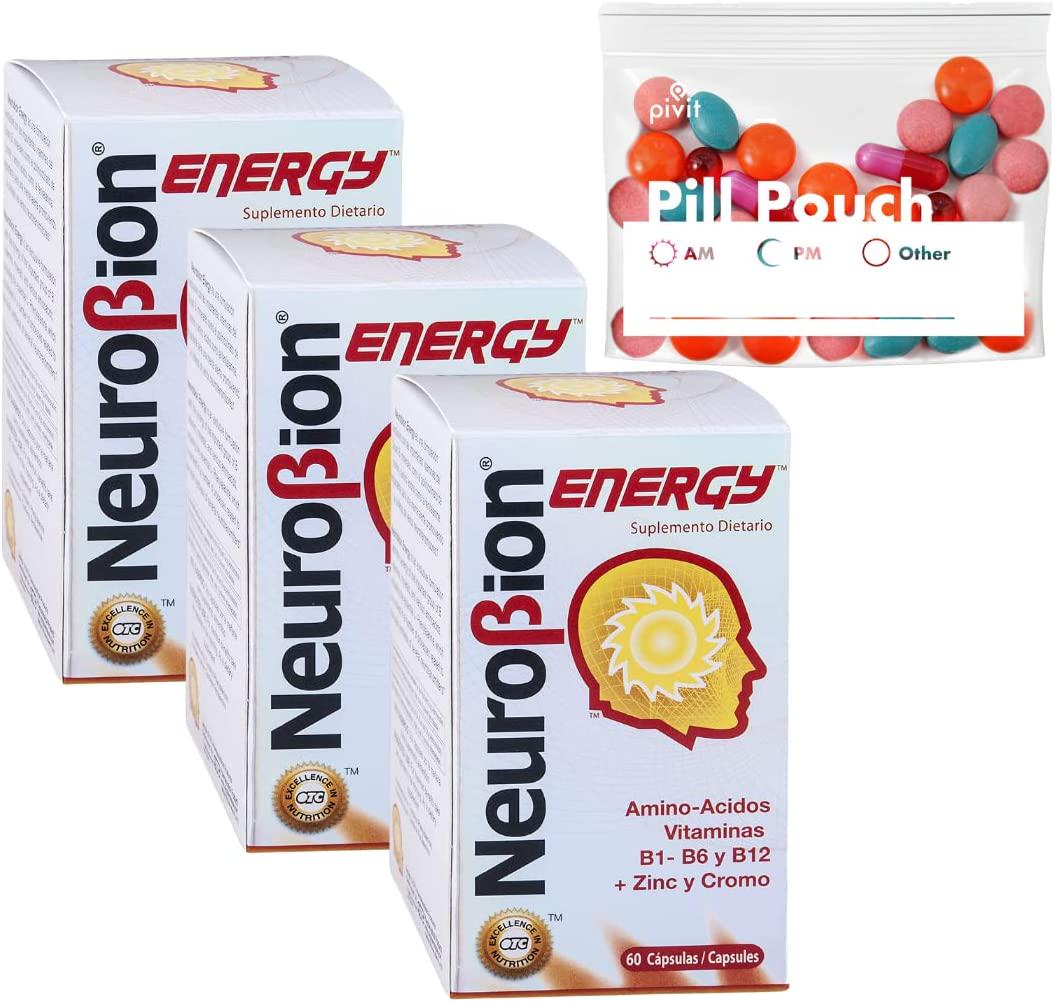 Neurobion Energy Dietary Supplement Amino Acids Vitamin B1 B2 B6 B12 (60 Capsules per Bottle) + Homestuff Pill Pouches Clear Resealable (3)