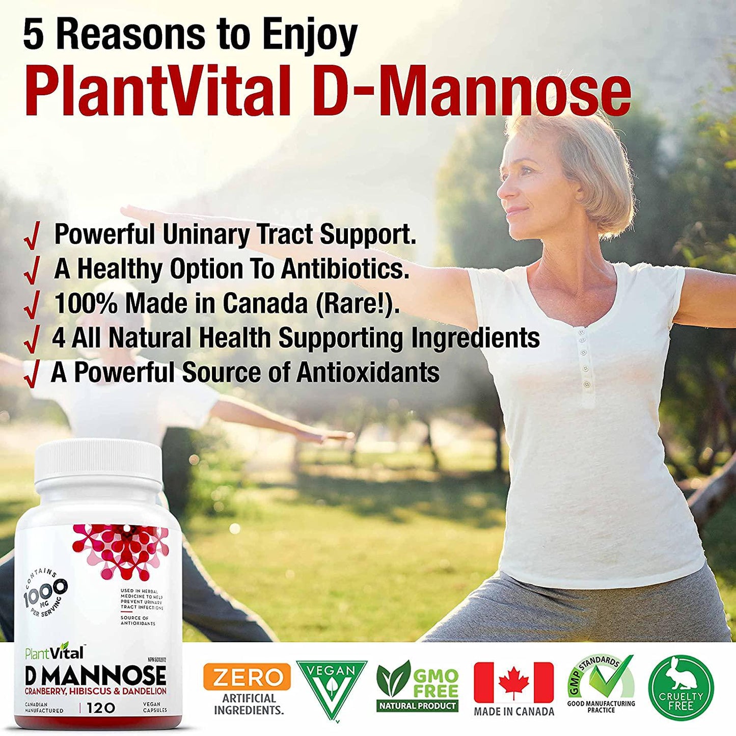 New! D-Mannose 1000mg w Cranberry [HIGH Potency] Urinary Tract Treatment, Bladder Control, Kidney Cleanse and UTI Support. 100% Natural Detox. Plus Hibiscus and Dandelion.