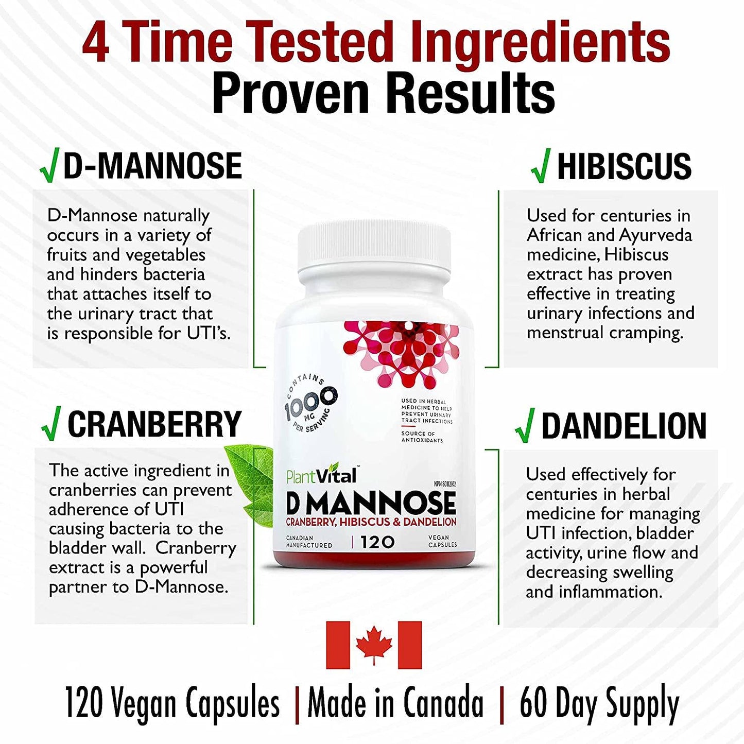 New! D-Mannose 1000mg w Cranberry [HIGH Potency] Urinary Tract Treatment, Bladder Control, Kidney Cleanse and UTI Support. 100% Natural Detox. Plus Hibiscus and Dandelion.