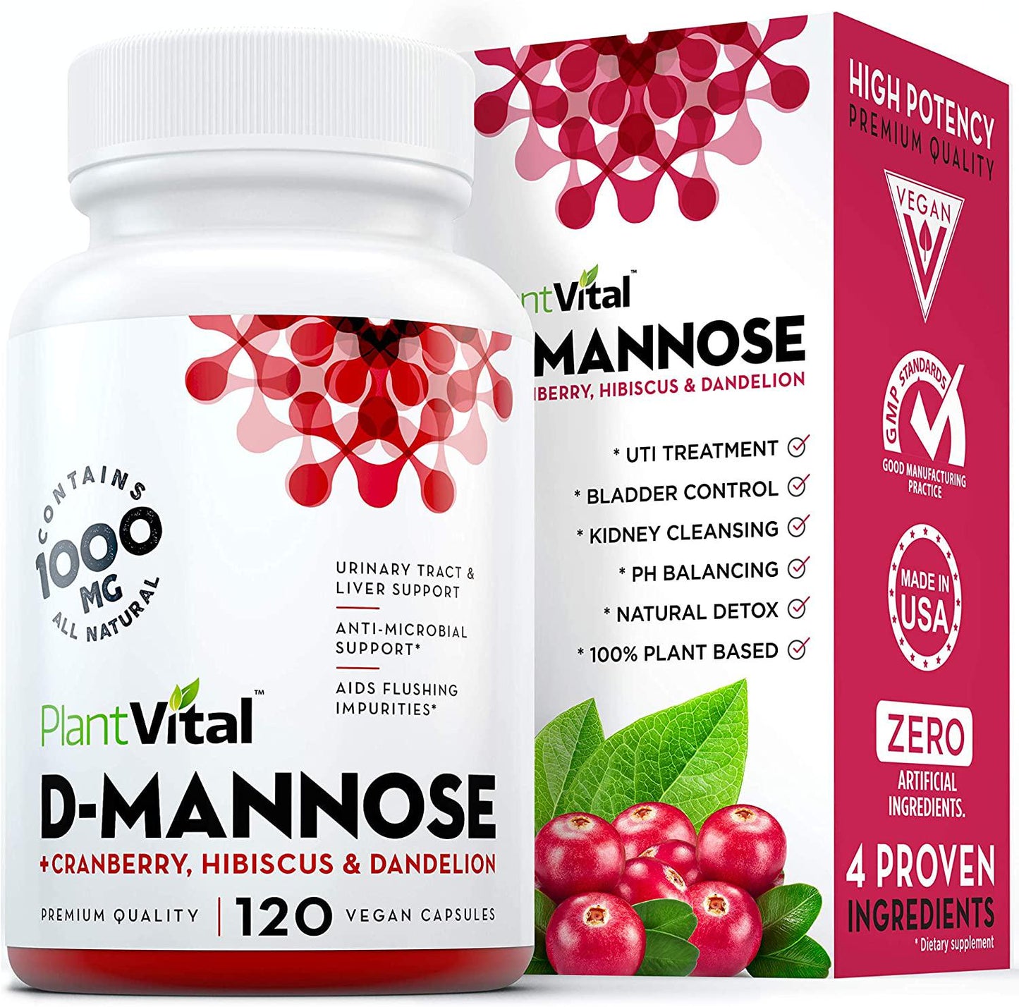 New! D-Mannose 1000mg w Cranberry [HIGH Potency] Urinary Tract Treatment, Bladder Control, Kidney Cleanse and UTI Support. 100% Natural Detox. Plus Hibiscus and Dandelion. 2 Months Supply