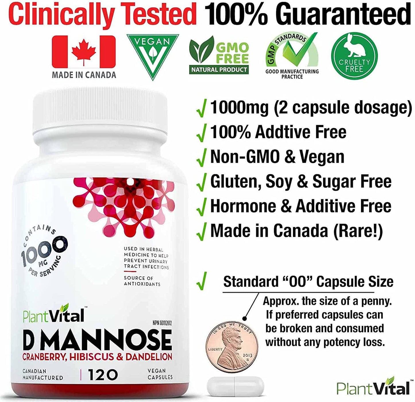 New! D-Mannose 1000mg w Cranberry [HIGH Potency] Urinary Tract Treatment, Bladder Control, Kidney Cleanse and UTI Support. 100% Natural Detox. Plus Hibiscus and Dandelion.