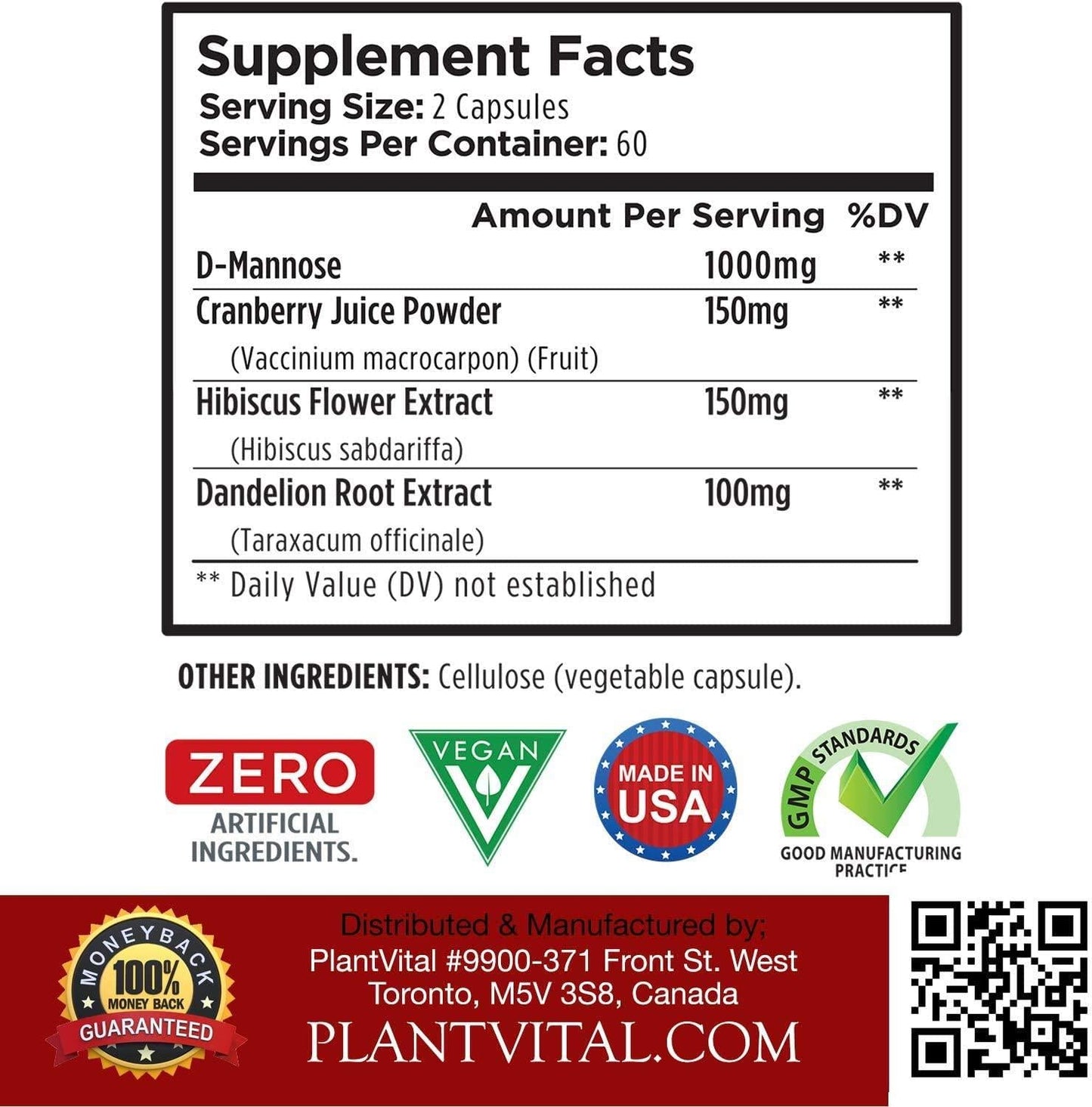 New! D-Mannose 1000mg w Cranberry [HIGH Potency] Urinary Tract Treatment, Bladder Control, Kidney Cleanse and UTI Support. 100% Natural Detox. Plus Hibiscus and Dandelion. 2 Months Supply