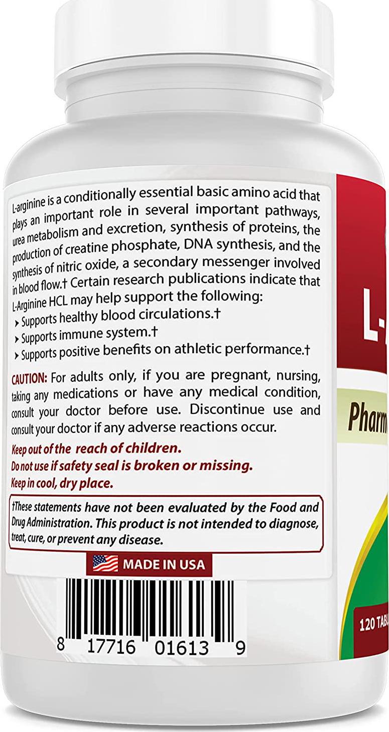 (New Improved Formula) Best Naturals L-Arginine 1000 mg 120 Tablets - Pharmaceutical Grade L Arginine Supplement Promotes Nitric Oxide Synthesis