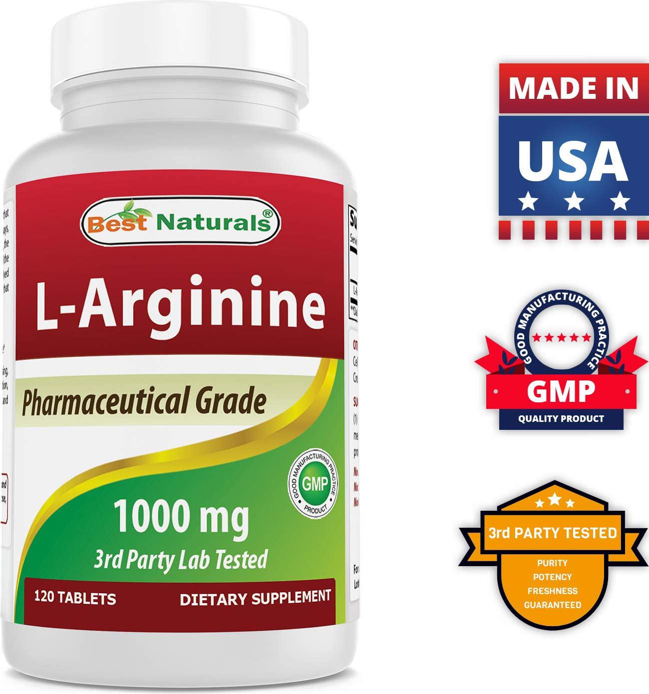 (New Improved Formula) Best Naturals L-Arginine 1000 mg 120 Tablets - Pharmaceutical Grade L Arginine Supplement Promotes Nitric Oxide Synthesis