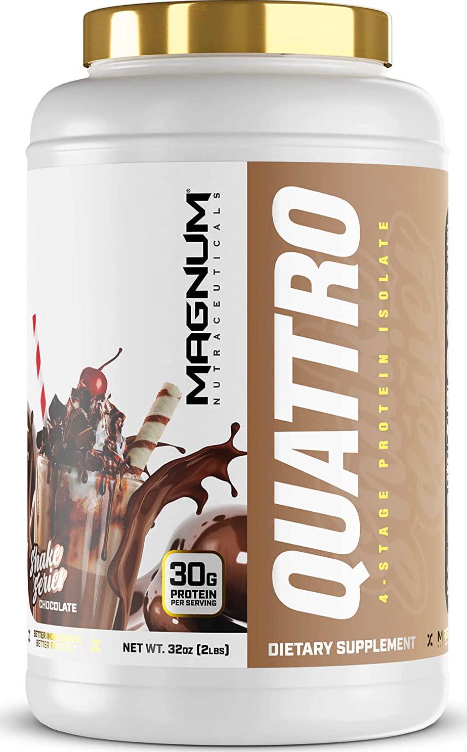 New Magnum Nutraceuticals Quattro Chocolate 2lb Shake Series with Hard Muscle Builder HMB Capsules