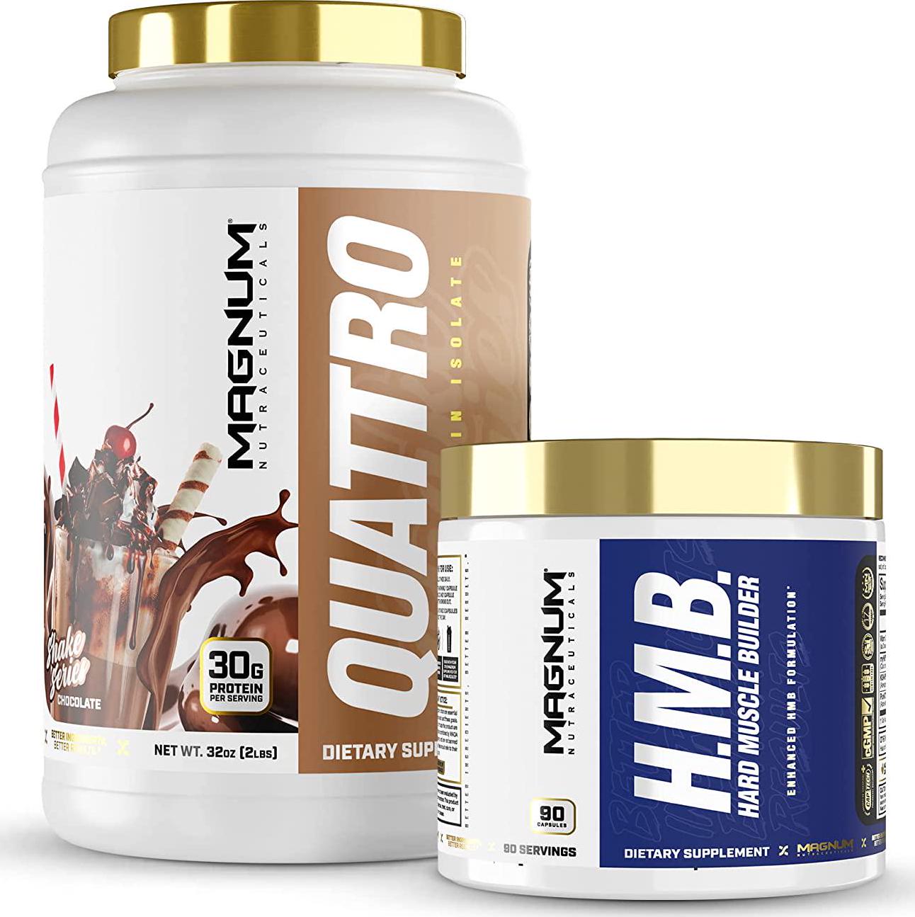 New Magnum Nutraceuticals Quattro Chocolate 2lb Shake Series with Hard Muscle Builder HMB Capsules