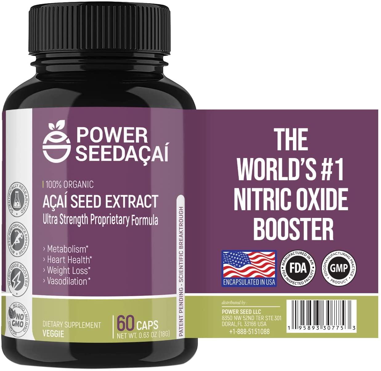 New Patented Blood Flow and Nitric Oxide Booster Supplement -Organic Açaí Seed Extract -100% Vasodilation - 50 X More Antioxidants- 60 Capsules