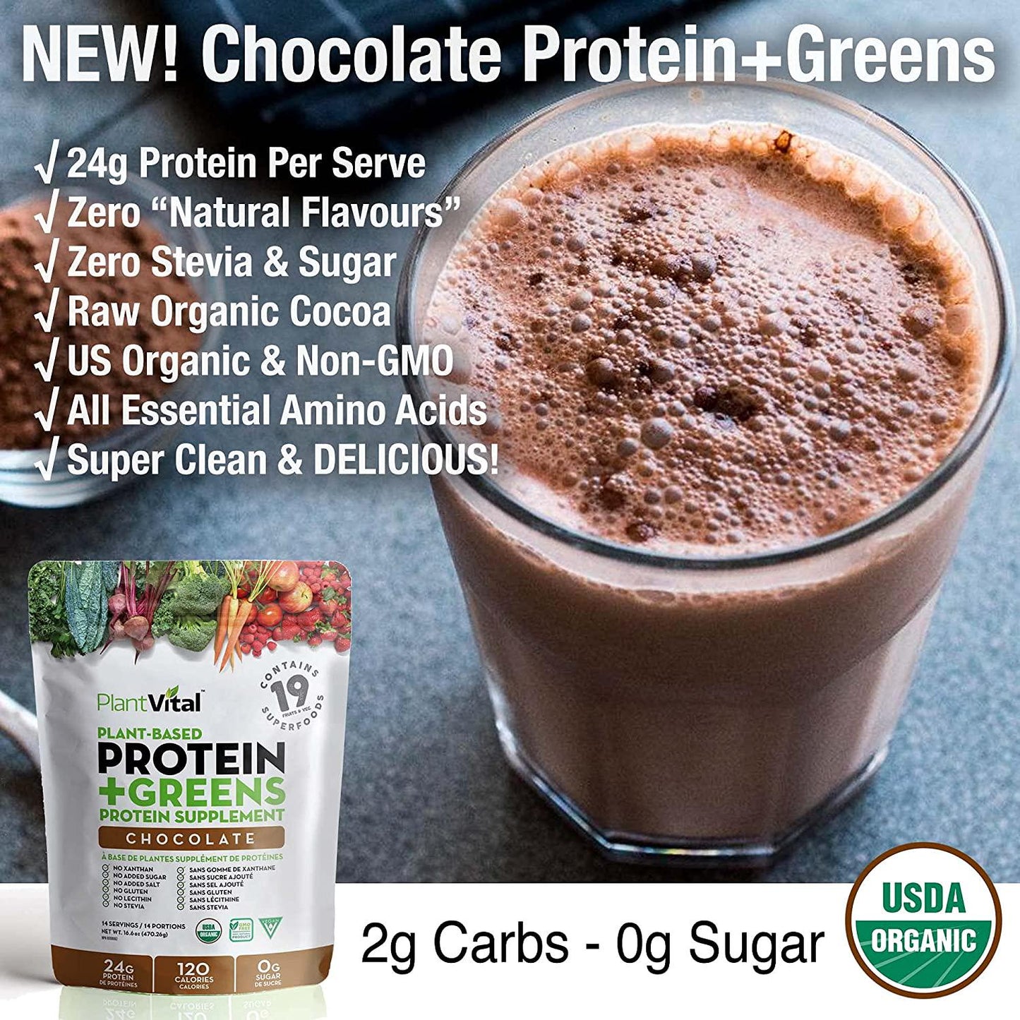 New! Plant Based Chocolate Protein Powder w 19 Superfoods, Veggies and Probiotics. Raw Cocoa, Kale, Beets, Spirulina and More! Vegan, Organic, Non-GMO, Gluten Free. 16oz