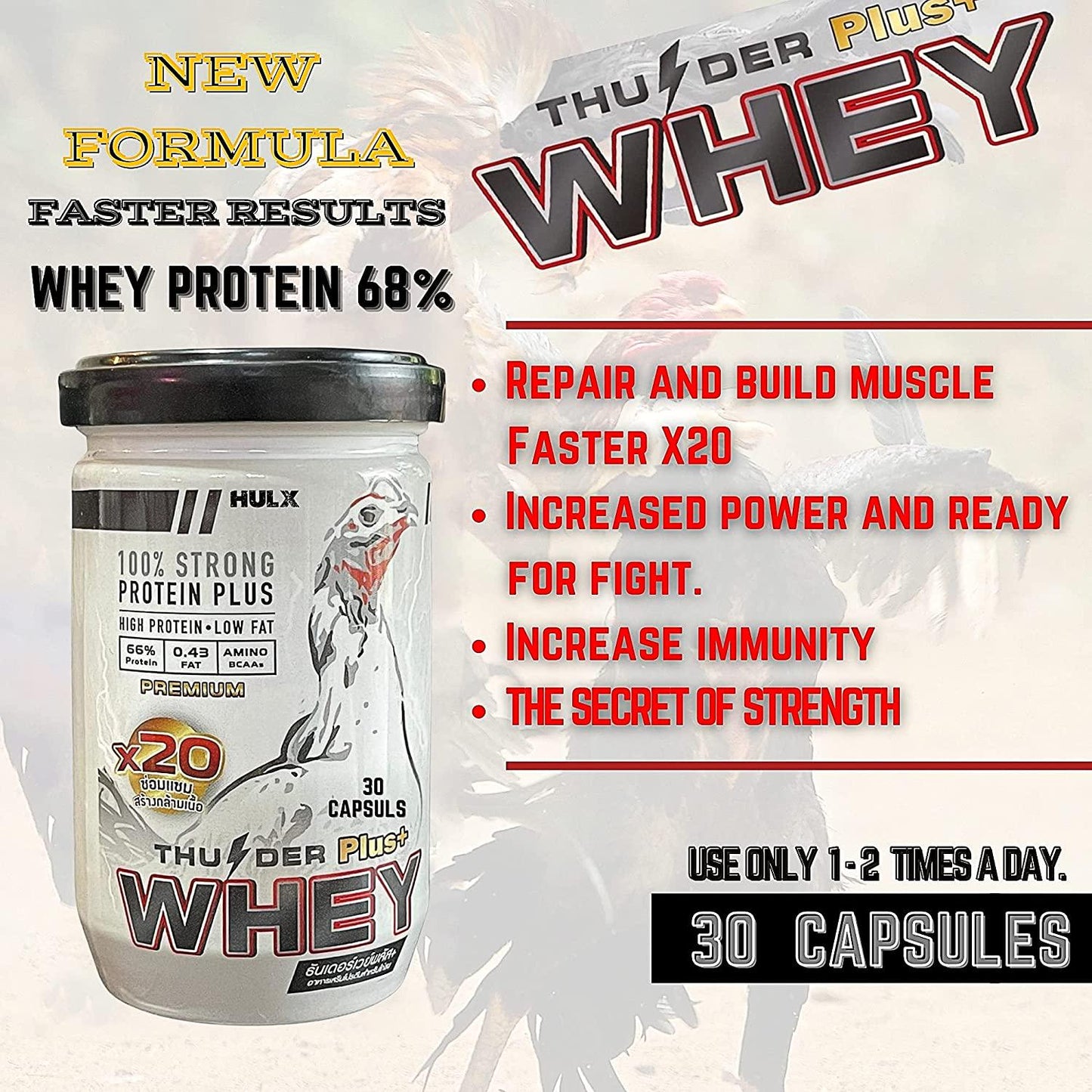 New X3 Faster 30 Capsules, WHEY Protein 68% Rooster Booster Vitamin Health Chicken Supplement for Build Body Big Muscle and Mass Gain, Power Feed Cock Fighting Gamecocks, Bird, Good Breeding, Hen Food