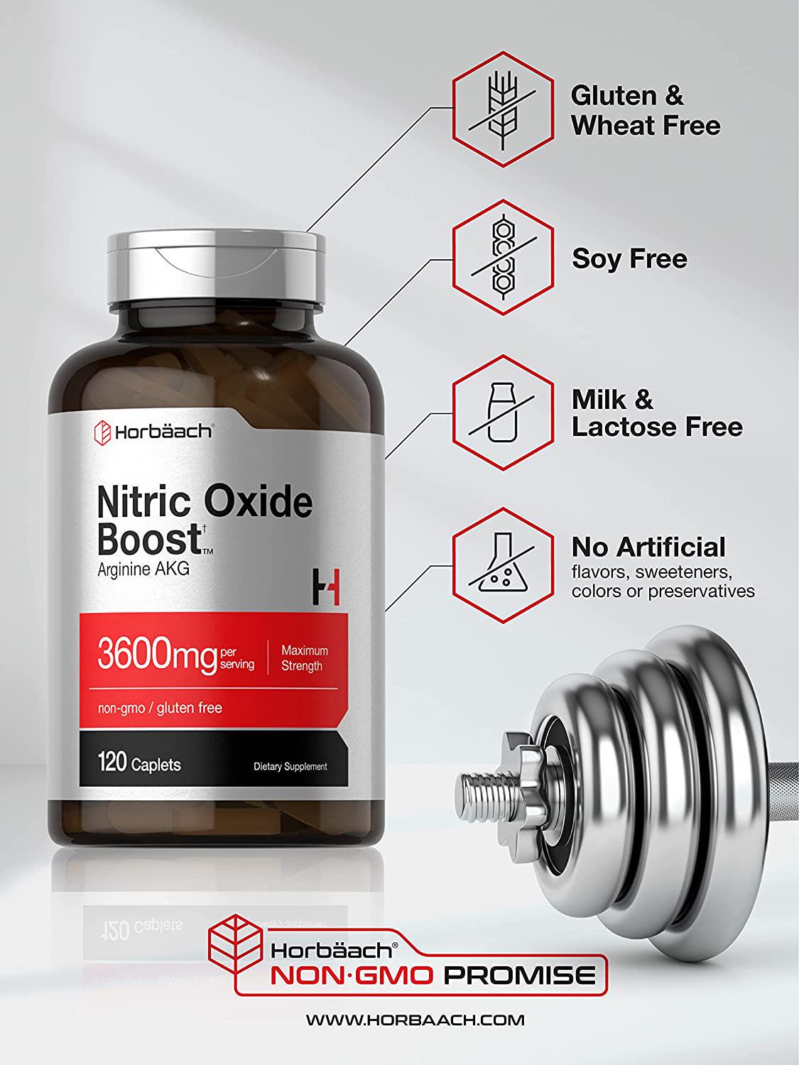 Nitric Oxide Booster 3600mg | 120 Caplets | Nitric Oxide Pills with Arginine AKG for Men and Women | Non-GMO, Gluten Free Pre Workout Supplement | by Horbaach