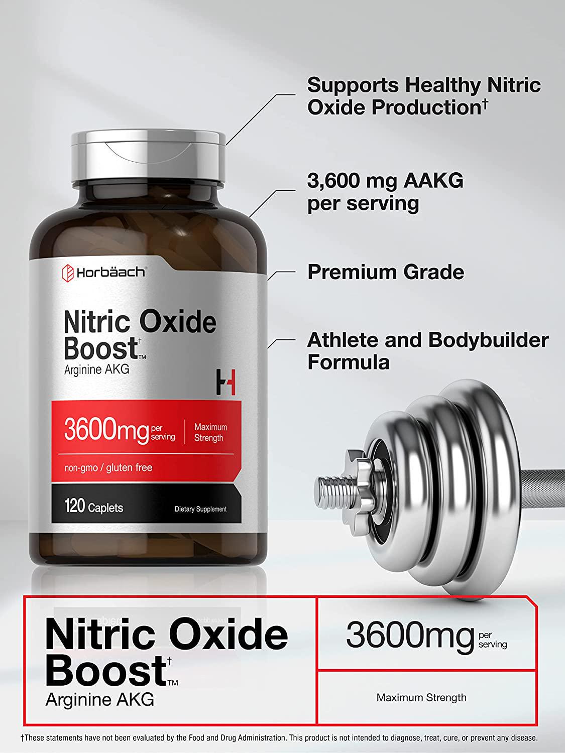 Nitric Oxide Booster 3600mg | 120 Caplets | Nitric Oxide Pills with Arginine AKG for Men and Women | Non-GMO, Gluten Free Pre Workout Supplement | by Horbaach