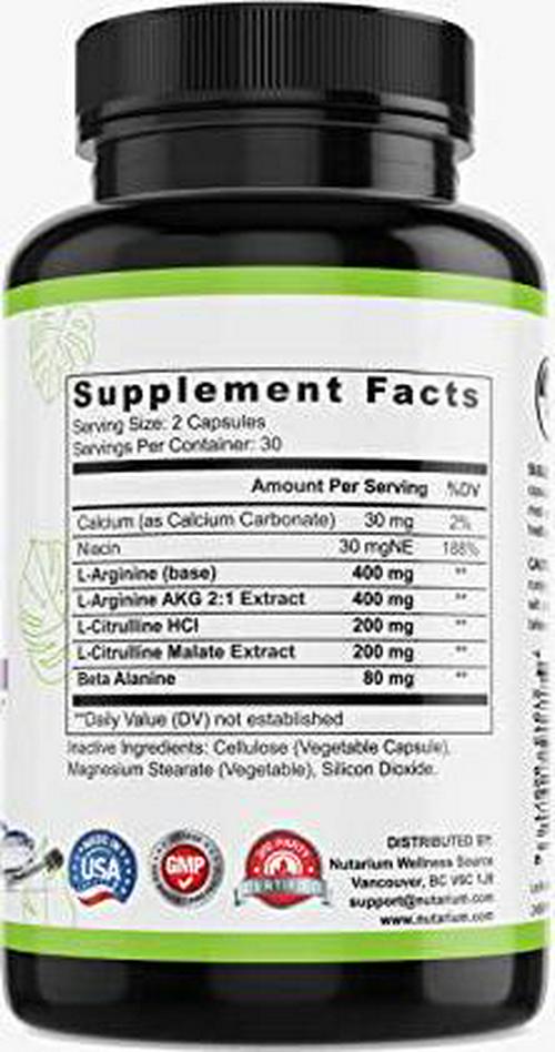 Nitric Oxide Booster Natural L Arginine, L Citriulline, Beta Alanine Supplement by Nutarium