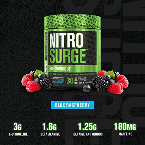 Nitrosurge Pre-Workout and Pumpsurge Caffeine-Free Pre-Workout - Morning and Night Bundle for Increased Focus, Stamina, Endless Energy and Powerful Pumps - Blue Raspberry Flavor