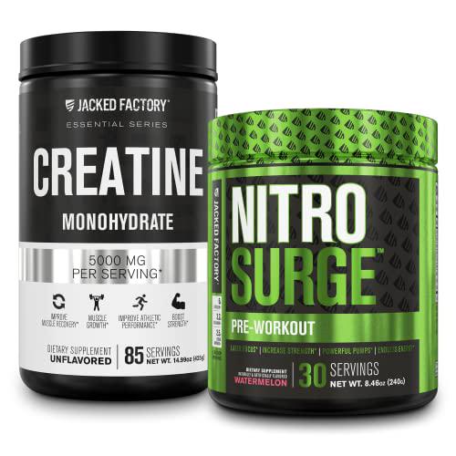 Nitrosurge Pre-Workout and Creatine Monohydrate - Pre Workout Powder with Creatine for Muscle Growth, Increased Strength, Endless Energy, Intense Pumps - Watermelon Preworkout and Unflavored Creatine