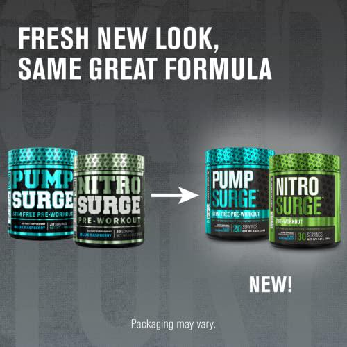 Nitrosurge Pre-Workout and Pumpsurge Caffeine-Free Pre-Workout - Morning and Night Bundle for Increased Focus, Stamina, Endless Energy and Powerful Pumps - Blue Raspberry Flavor