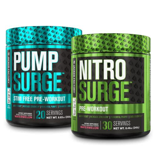Nitrosurge Pre-Workout and Pumpsurge Caffeine-Free Pre-Workout - Morning and Night Bundle for Increased Focus, Stamina, Endless Energy and Powerful Pumps - Watermelon Flavor