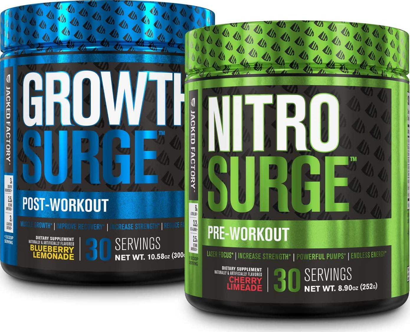 Nitrosurge Pre-Workout Supplement and Growth Surge Post Workout Muscle Builder Bundle