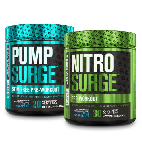 Nitrosurge Pre-Workout and Pumpsurge Caffeine-Free Pre-Workout - Morning and Night Bundle for Increased Focus, Stamina, Endless Energy and Powerful Pumps - Blue Raspberry Flavor
