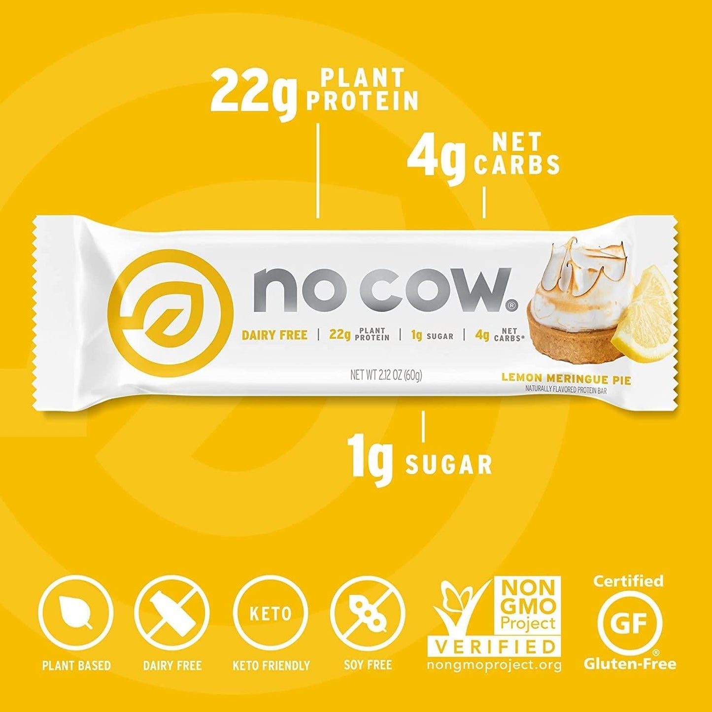 No Cow High Protein Bars, Lemon Meringue Pie, 22g Plant Based Vegan Protein, Keto Friendly, Low Sugar, Low Carb, Low Calorie, Gluten Free, Naturally Sweetened, Dairy Free, Non GMO, Kosher, 6 Pack
