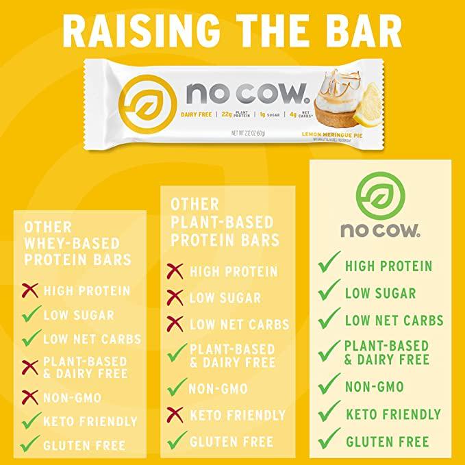 No Cow High Protein Bars, Lemon Meringue Pie, 22g Plant Based Vegan Protein, Keto Friendly, Low Sugar, Low Carb, Low Calorie, Gluten Free, Naturally Sweetened, Dairy Free, Non GMO, Kosher, 6 Pack