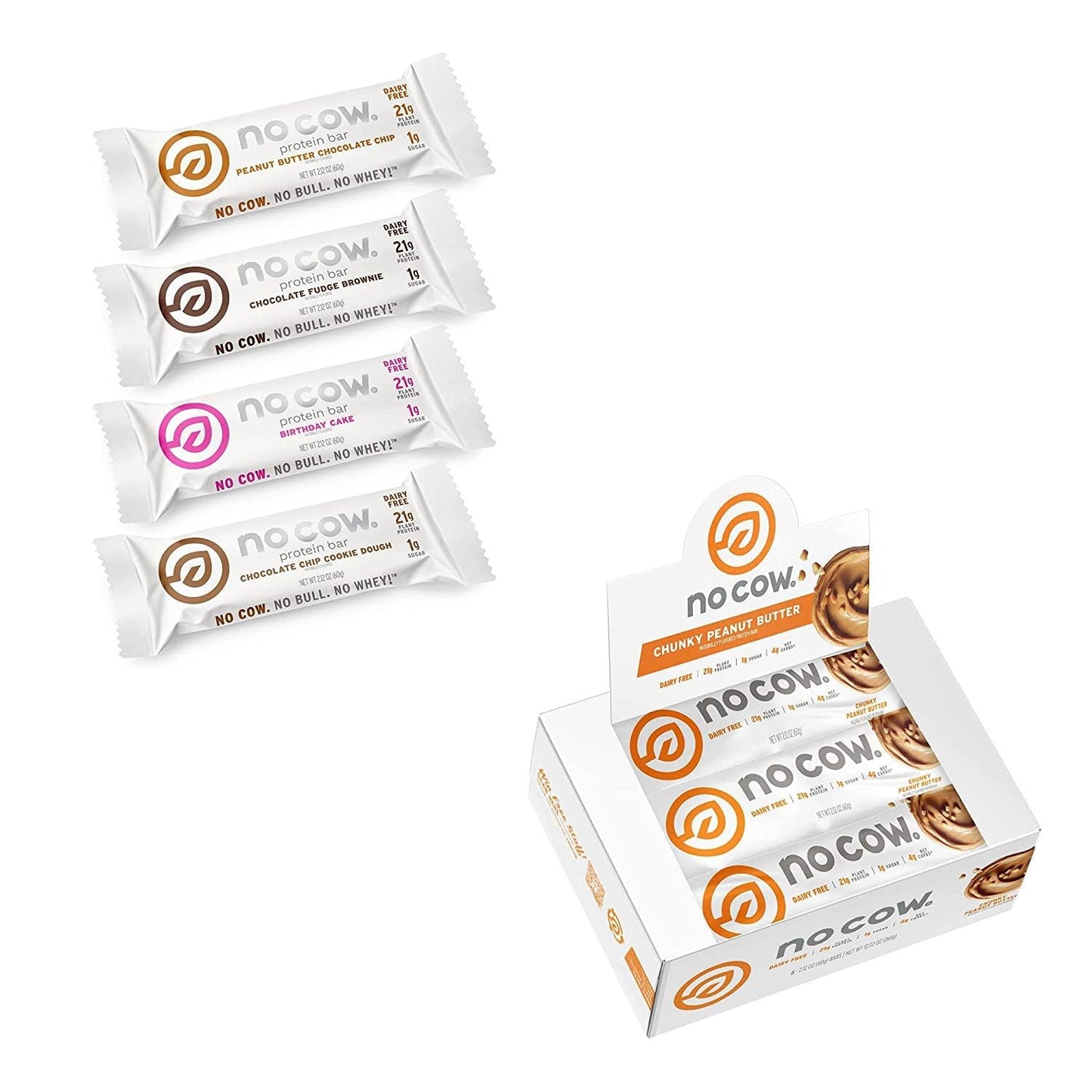 No Cow High Protein Bars, 12 Bar Top Flavors Variety Pack + Chunky Peanut Butter Protein Bar 6 Pack, 21g Plant Based Vegan Protein, Keto Friendly, Low Sugar, Low Carb, Low Calorie, Gluten Free