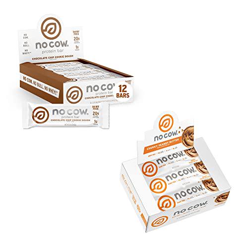 No Cow High Protein Bars, Chocolate Chip Cookie Dough 12 Pack + Chunky Peanut Butter Protein Bar 6 Pack, 21g Plant Based Vegan Protein, Keto Friendly, Low Sugar, Low Carb, Low Calorie, Gluten Free