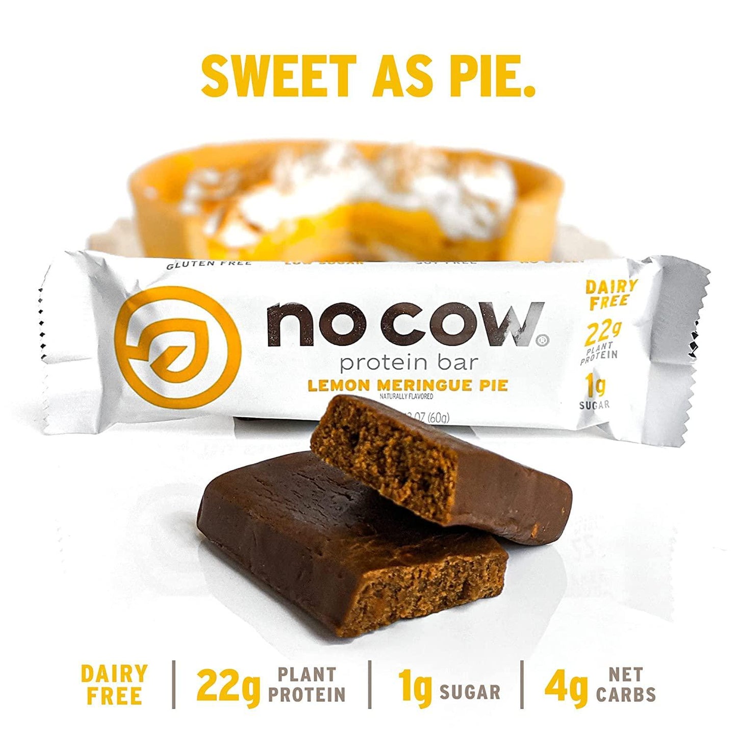 No Cow High Protein Bars, Lemon Meringue Pie, 22g Plant Based Vegan Protein, Keto Friendly, Low Sugar, Low Carb, Low Calorie, Gluten Free, Naturally Sweetened, Dairy Free, Non GMO, Kosher, 6 Pack