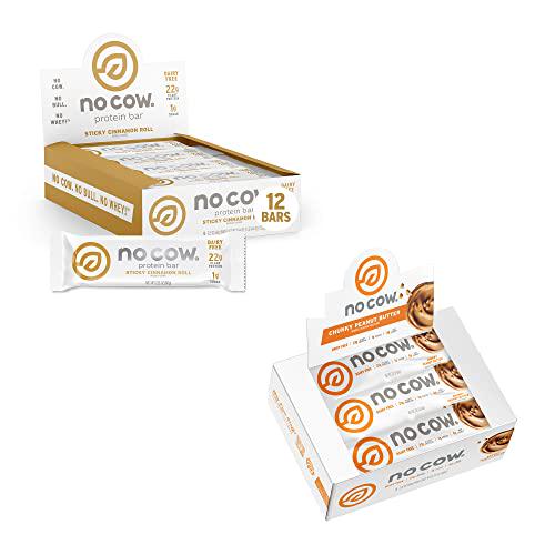No Cow High Protein Bars, Sticky Cinnamon Roll 12 Pack + Chunky Peanut Butter Protein Bar 6 Pack, 21g Plant Based Vegan Protein, Keto Friendly, Low Sugar, Low Carb, Low Calorie, Gluten Free