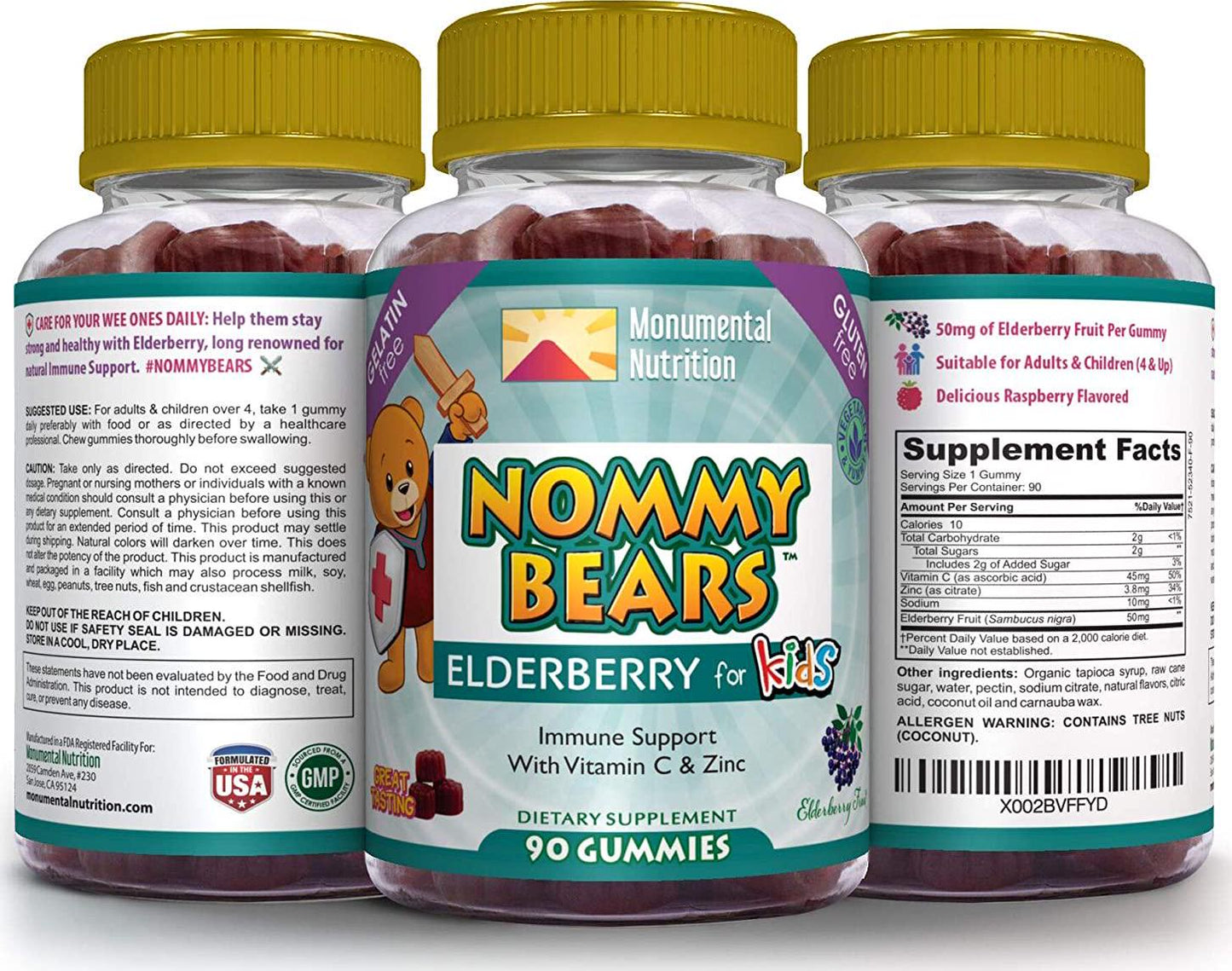 Nommy Bears Elderberry Immune Support, Vitamin C and Zinc for Kids, Children, Teens, Adults, Gelatin Free, Vegetarian, Vegan-Friendly, Large 90 ct (3 Months Supply), Sambucus, Halal/Kosher Friendly