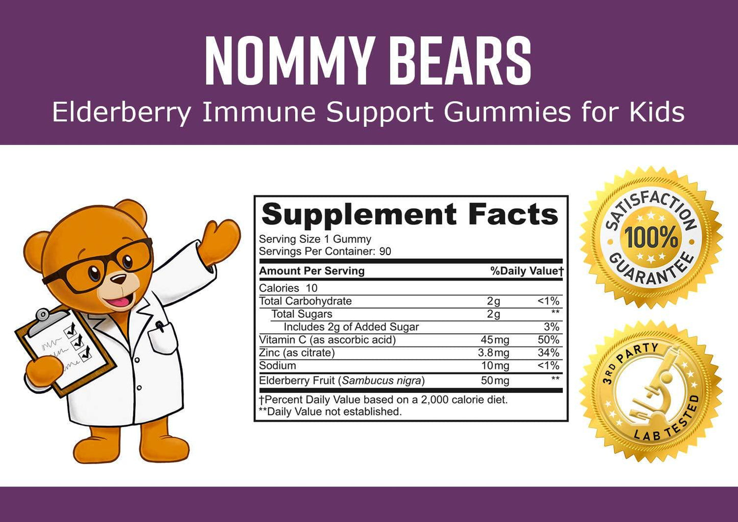 Nommy Bears Elderberry Immune Support, Vitamin C and Zinc for Kids, Children, Teens, Adults, Gelatin Free, Vegetarian, Vegan-Friendly, Large 90 ct (3 Months Supply), Sambucus, Halal/Kosher Friendly