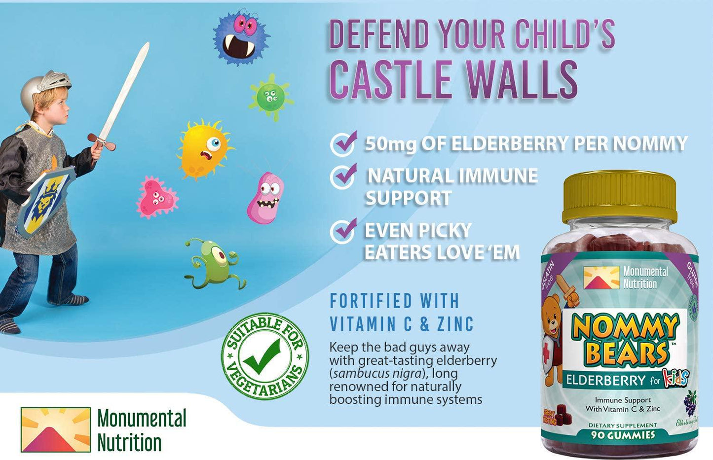 Nommy Bears Elderberry Immune Support, Vitamin C and Zinc for Kids, Children, Teens, Adults, Gelatin Free, Vegetarian, Vegan-Friendly, Large 90 ct (3 Months Supply), Sambucus, Halal/Kosher Friendly