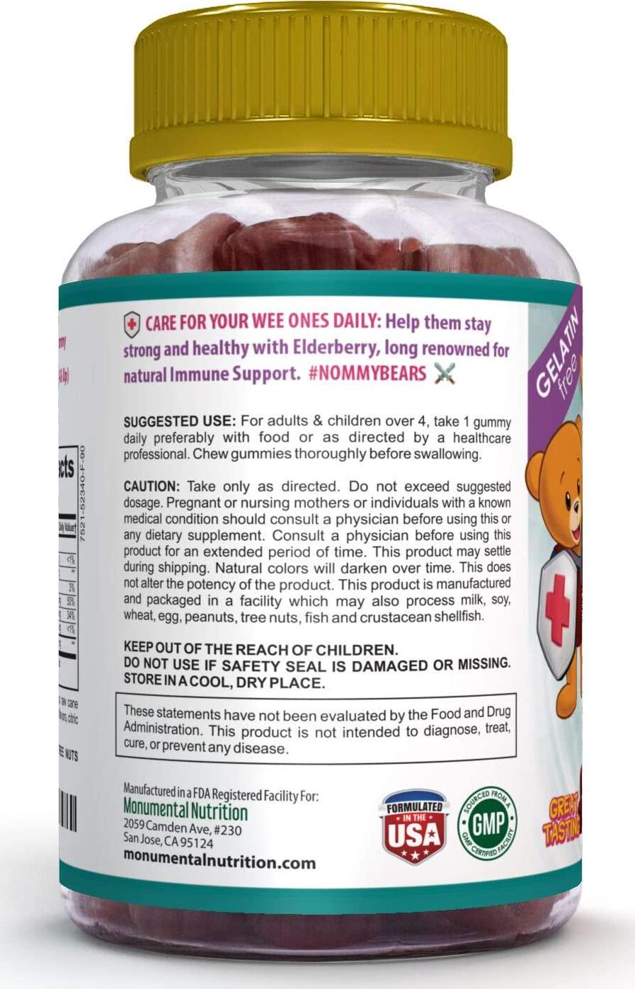 Nommy Bears Elderberry Immune Support, Vitamin C and Zinc for Kids, Children, Teens, Adults, Gelatin Free, Vegetarian, Vegan-Friendly, Large 90 ct (3 Months Supply), Sambucus, Halal/Kosher Friendly