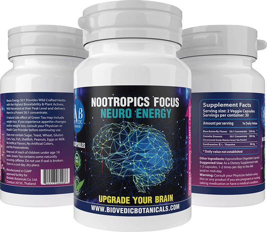 Nootropics Focus Neuro Energy Pills Brain Supplement - Enhance Focus, Boost Concentration, Improve Memory and Clarity – Ultimate 50:1 Matcha, Green Tea, L Theanine Natural Brain Booster – Awaken Genius