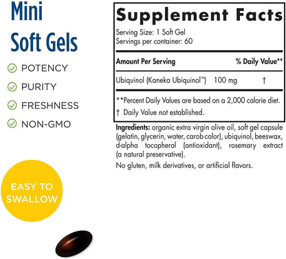 Nordic Naturals Nordic CoQ10 Ubiquinol - 100 mg Coenzyme Q10 (CoQ10) Ubiquinol - 60 Mini Soft Gels - Heart and Brain Health, Cellular Energy Production, Antioxidant Support - Non-GMO - 60 Servings