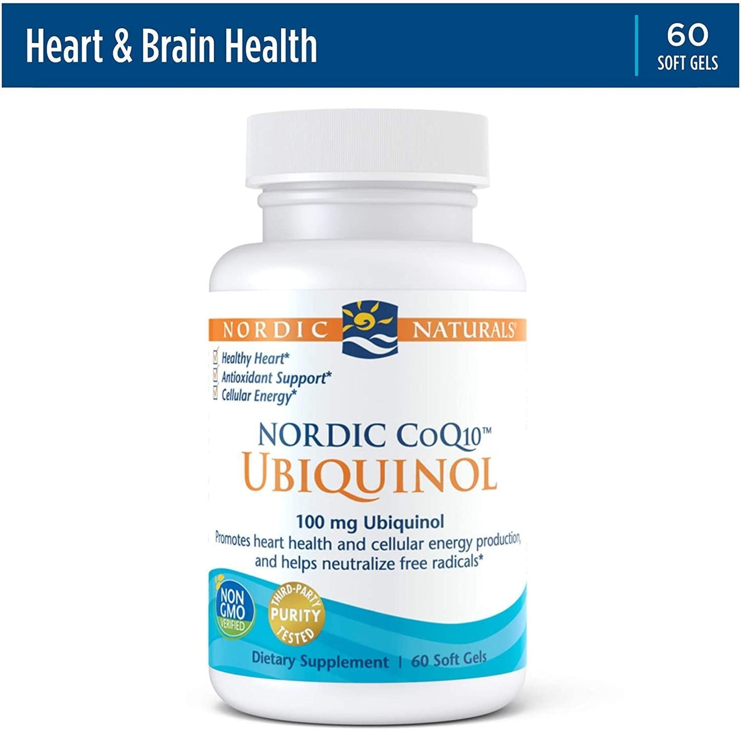 Nordic Naturals Nordic CoQ10 Ubiquinol - 100 mg Coenzyme Q10 (CoQ10) Ubiquinol - 60 Mini Soft Gels - Heart and Brain Health, Cellular Energy Production, Antioxidant Support - Non-GMO - 60 Servings