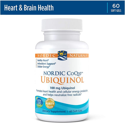 Nordic Naturals Nordic CoQ10 Ubiquinol - 100 mg Coenzyme Q10 (CoQ10) Ubiquinol - 60 Mini Soft Gels - Heart and Brain Health, Cellular Energy Production, Antioxidant Support - Non-GMO - 60 Servings