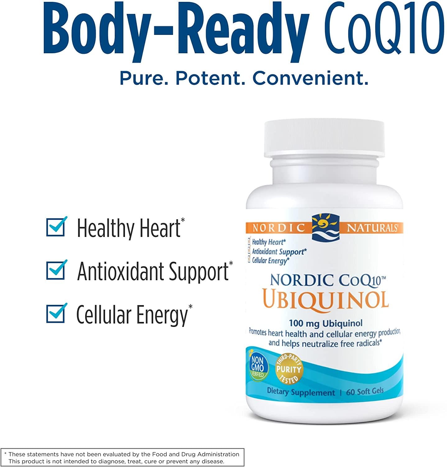 Nordic Naturals Nordic CoQ10 Ubiquinol - 100 mg Coenzyme Q10 (CoQ10) Ubiquinol - 60 Mini Soft Gels - Heart and Brain Health, Cellular Energy Production, Antioxidant Support - Non-GMO - 60 Servings