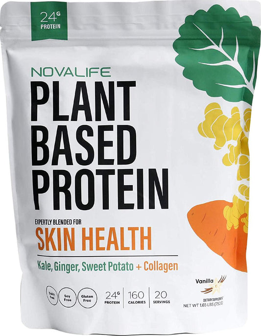NovaLife Organic Skin Health Vanilla Plant Protein Powder, 1.65 Pounds, 20 Servings, 24g Protein, Collagen, Low Carb, Keto Friendly, Soy Free, Dairy Free, Non-GMO, Gluten Free, No Sugar Added