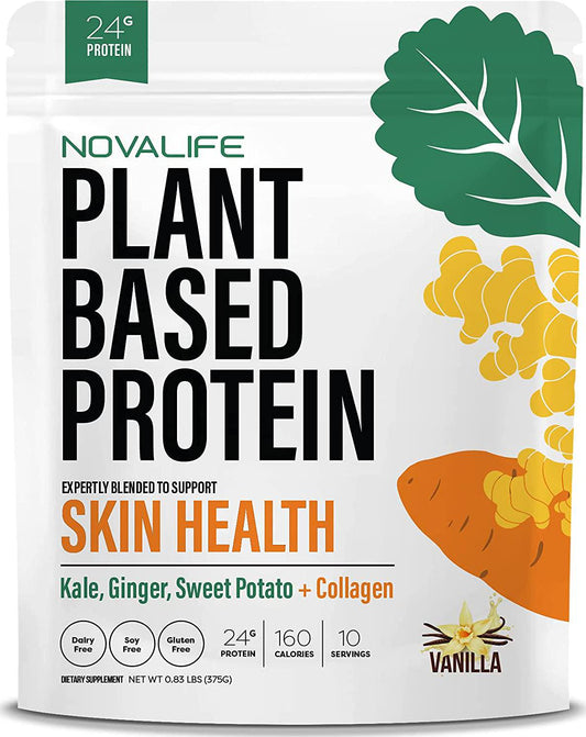 NovaLife Organic Skin Health Vanilla Plant Protein Powder, 0.83 Pounds, 10 Servings, 24g Protein, Collagen, Low Carb, Keto Friendly, Soy Free, Dairy Free, Non-GMO, Gluten Free, No Sugar Added