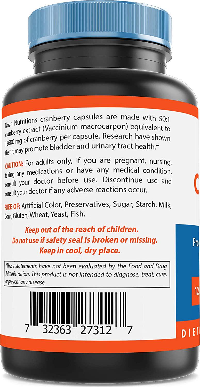 Nova Nutritions Cranberry Urinary Tract Health Dietary Supplement, 12600mg Vegetarian Craberry Pills with Vitamin C and Vitamin E, Helps Cleanse and Protect The Urinary Tract, 180 Count